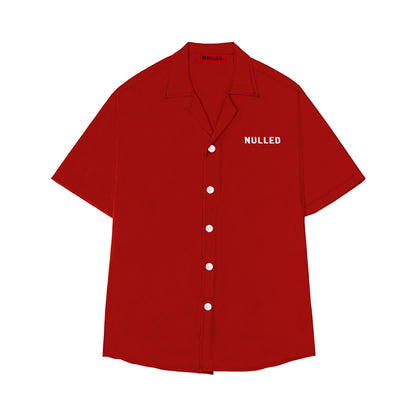 Red button-up shirt with 'Nulled' branding on a white background