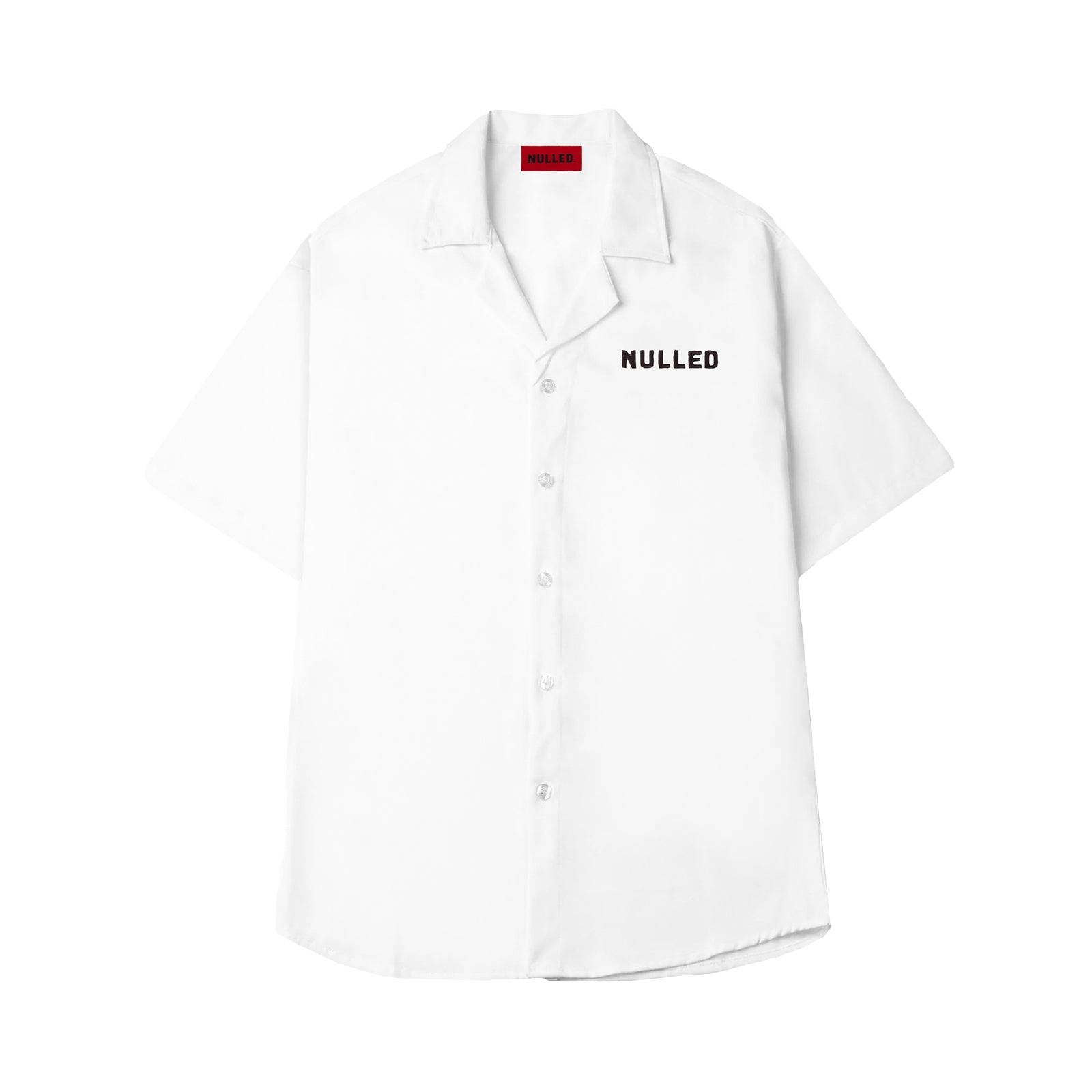 White shirt with 'NULLED' text on a white background