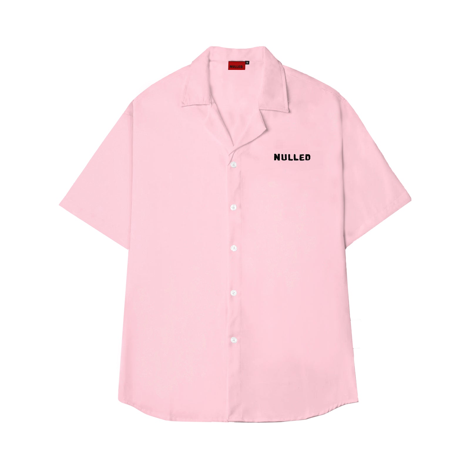 Pink shirt with 'NULLED' text on a white background