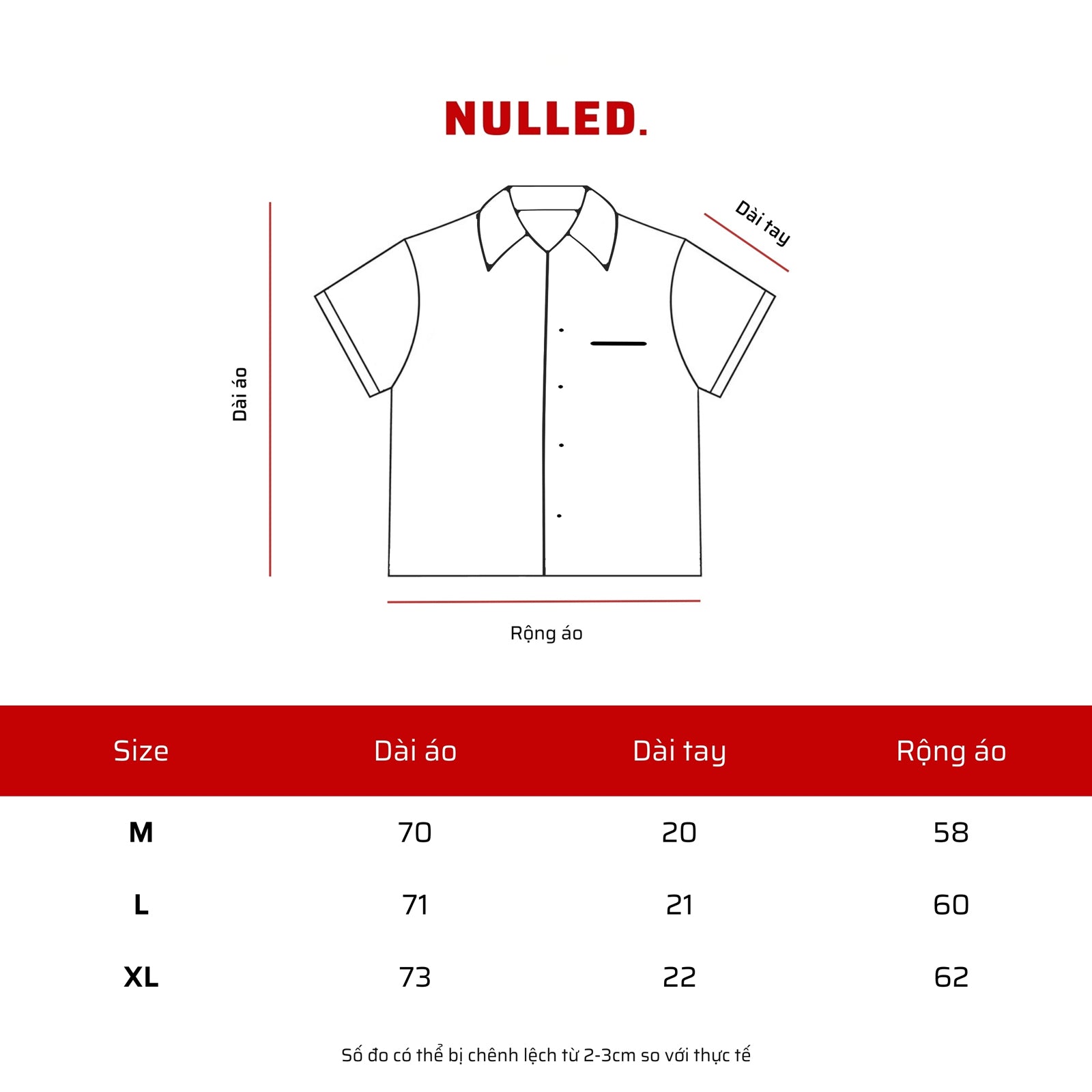 Measurement chart for a shirt with dimensions in centimeters, featuring the brand 'NULLED.'