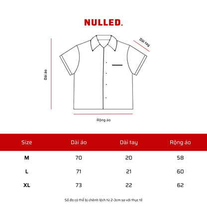 Measurement chart for a shirt with dimensions in centimeters, featuring the brand 'NULLED.'