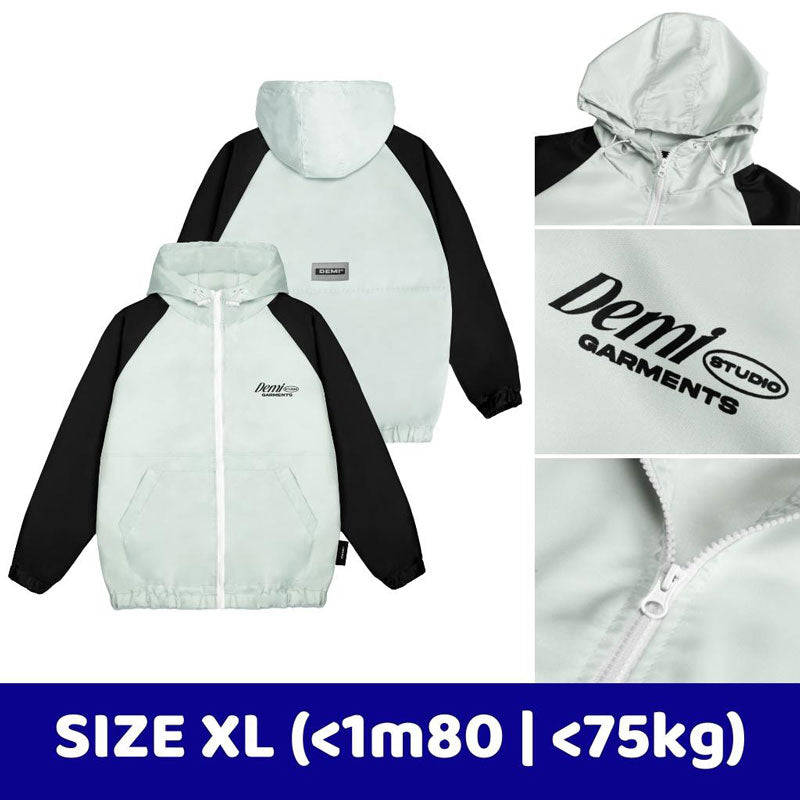 Collage of a light gray and black jacket with 'Demi Garments' branding, showing different angles on a white background.