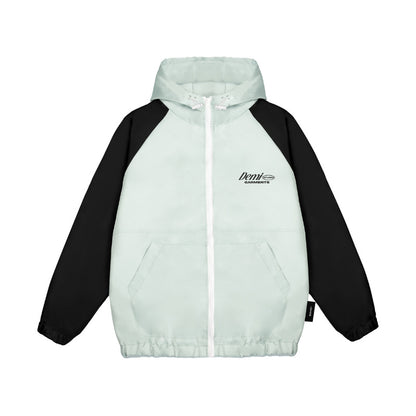 Light blue and black jacket with a hood on a white background