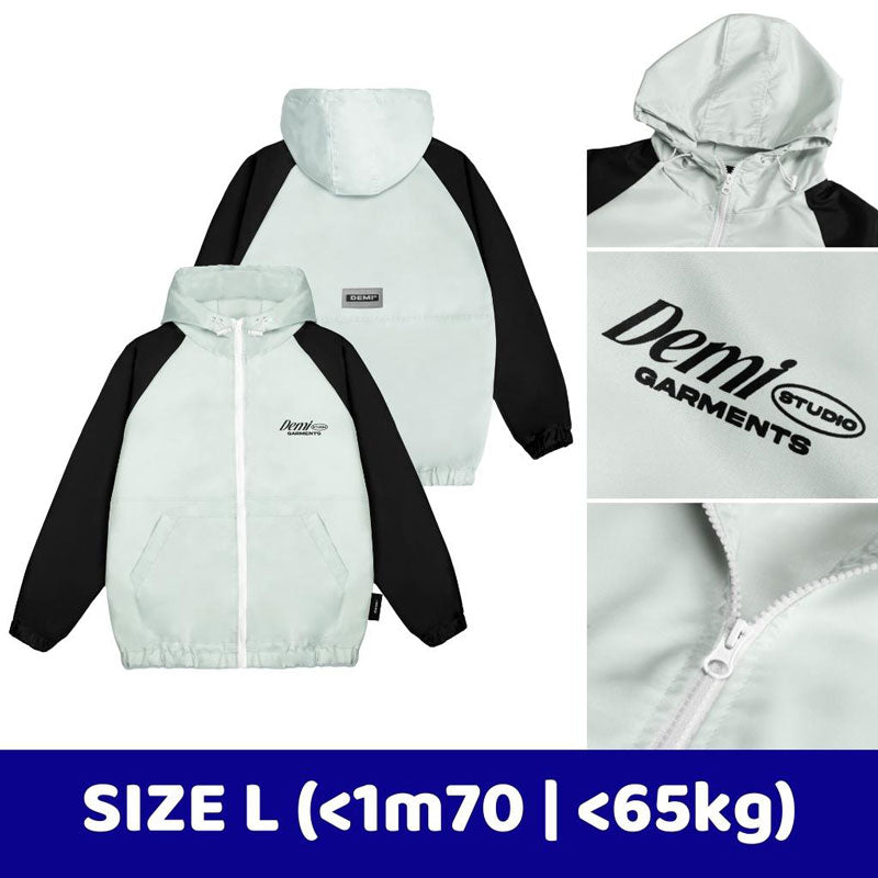 Collage of a light gray and black jacket with 'Demi Garments' branding, showing different angles on a white background.