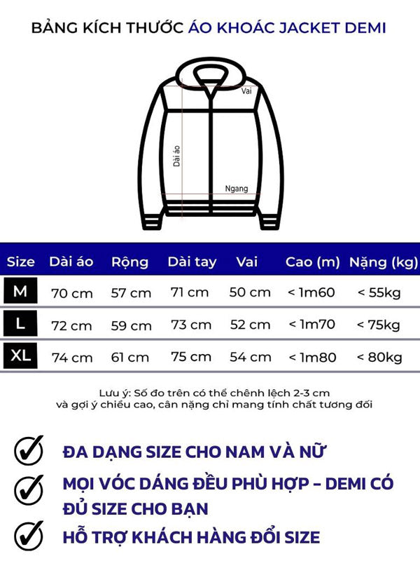 Size chart for a demi jacket with dimensions and weight capacity.