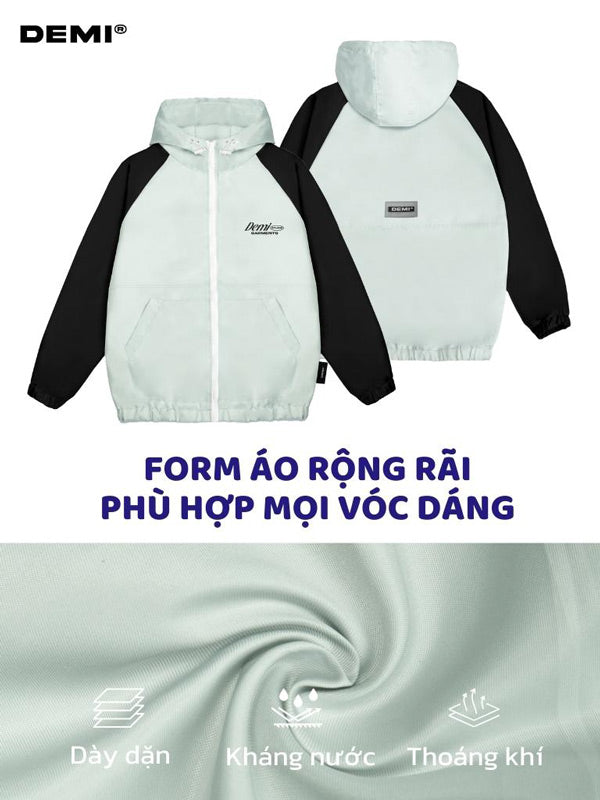 White and black jacket with text and DEMI logo on a white background