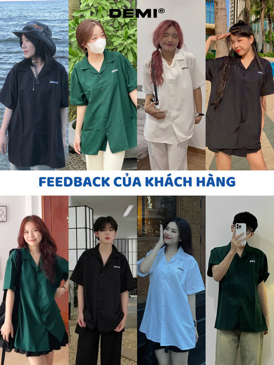 Collage of people wearing DEMI branded shirts in various settings with customer feedback text.