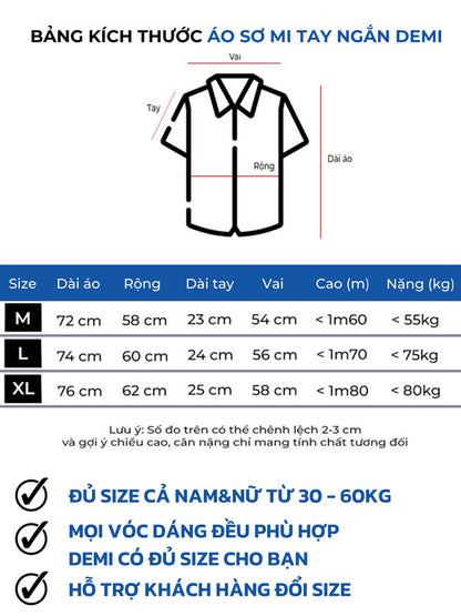 Size chart for short-sleeve shirts with measurements and weight ranges.