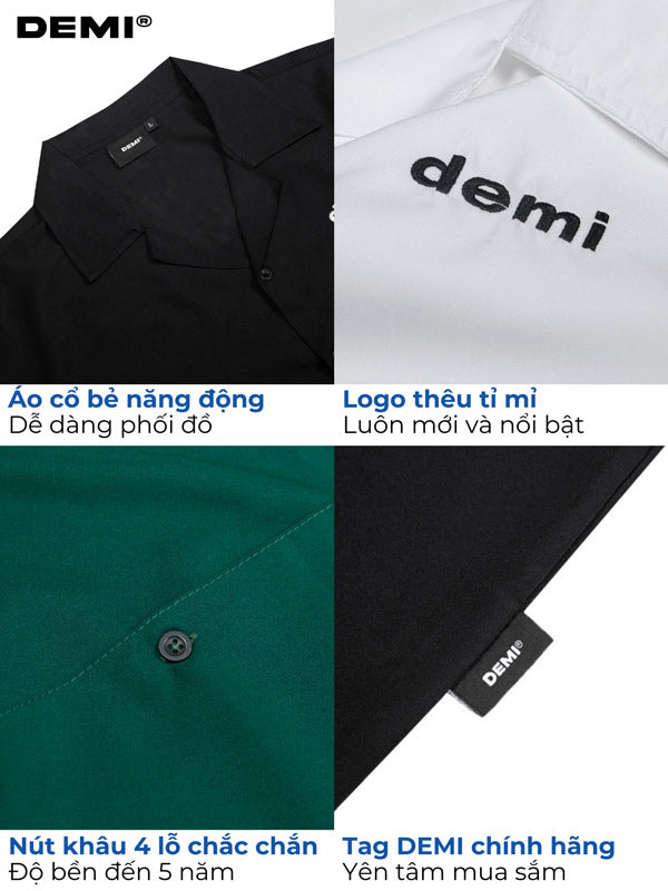 Black, white, and green shirts with DEMI branding and text.
