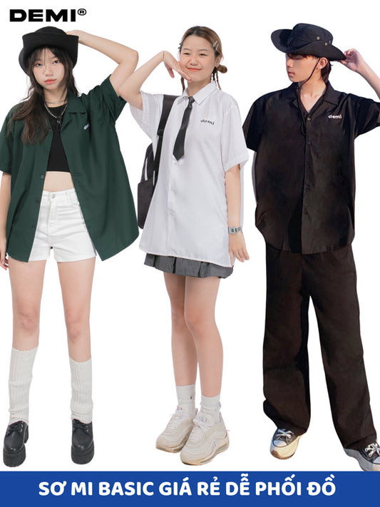 Three people wearing different outfits with a DEMI logo at the top.