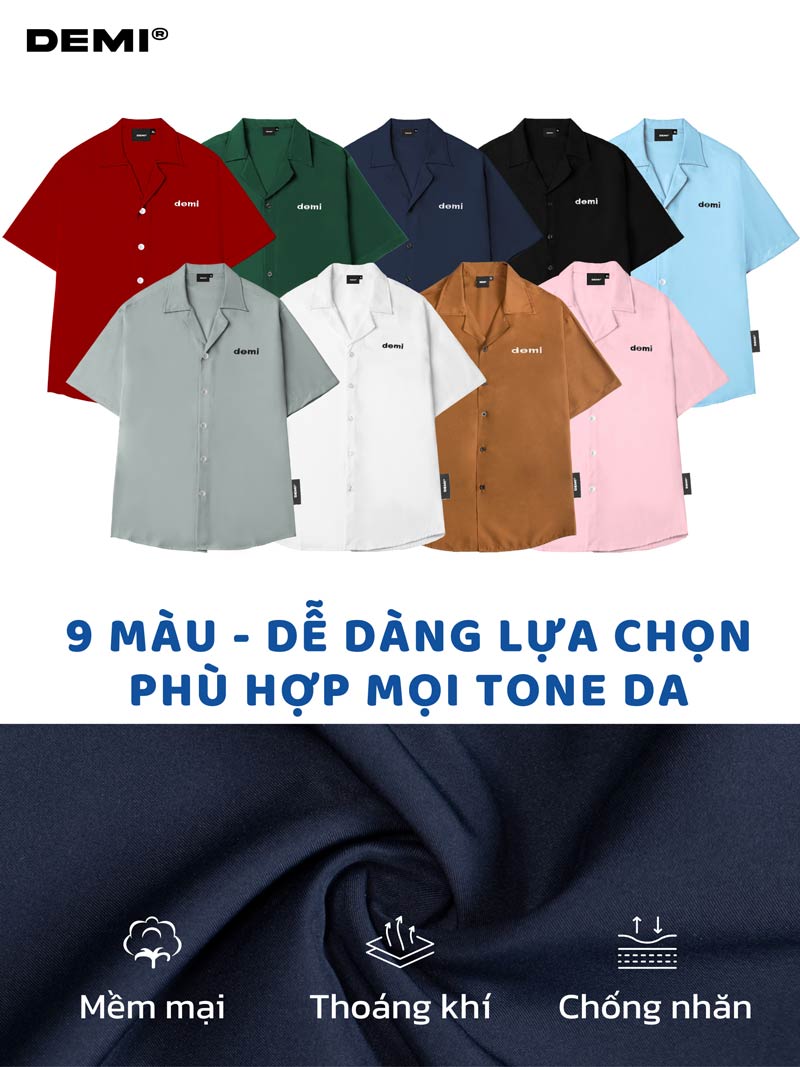 Collection of DEMI shirts in various colors with fabric texture at the bottom.