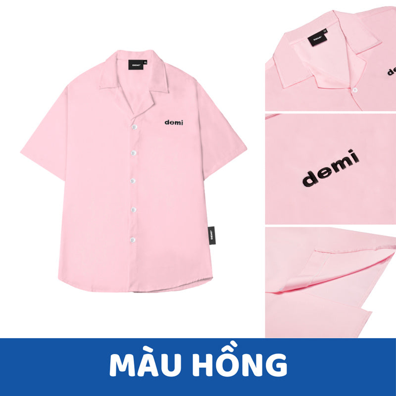 Pink shirt with 'demi' branding on a white background