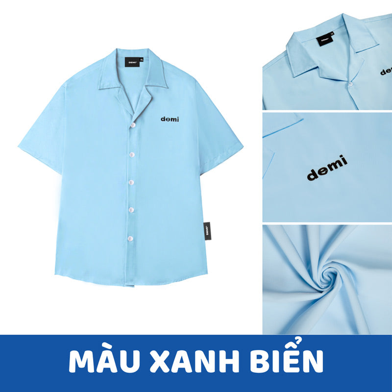Light blue shirt with 'demi' branding, shown from different angles on a white background.