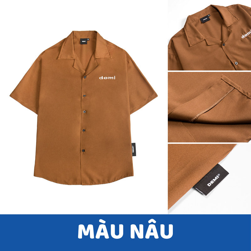 Brown shirt with 'demi' branding on a white background