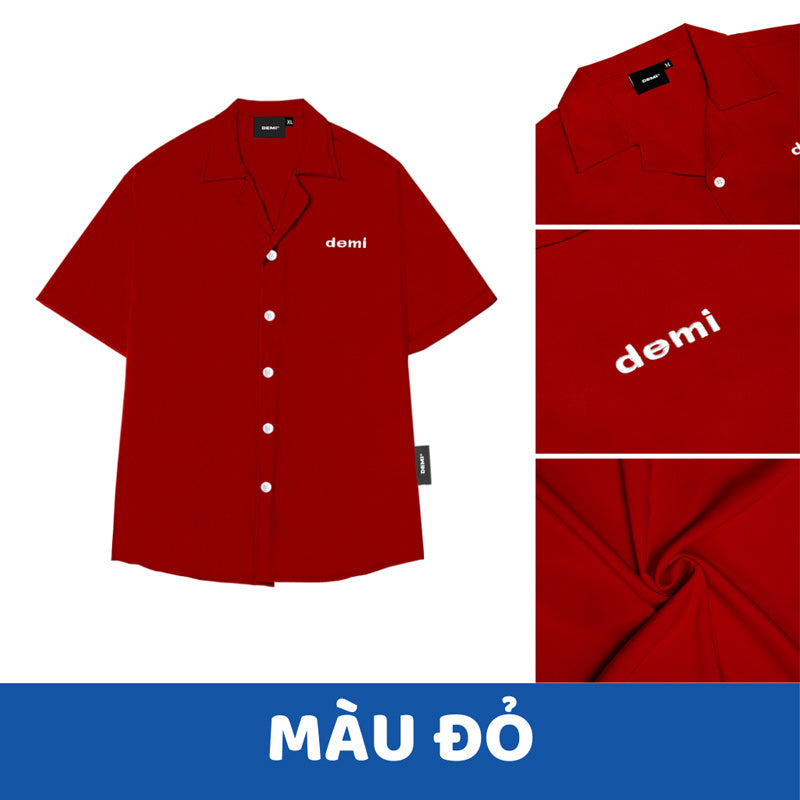 Red shirt with 'demi' branding on a white background