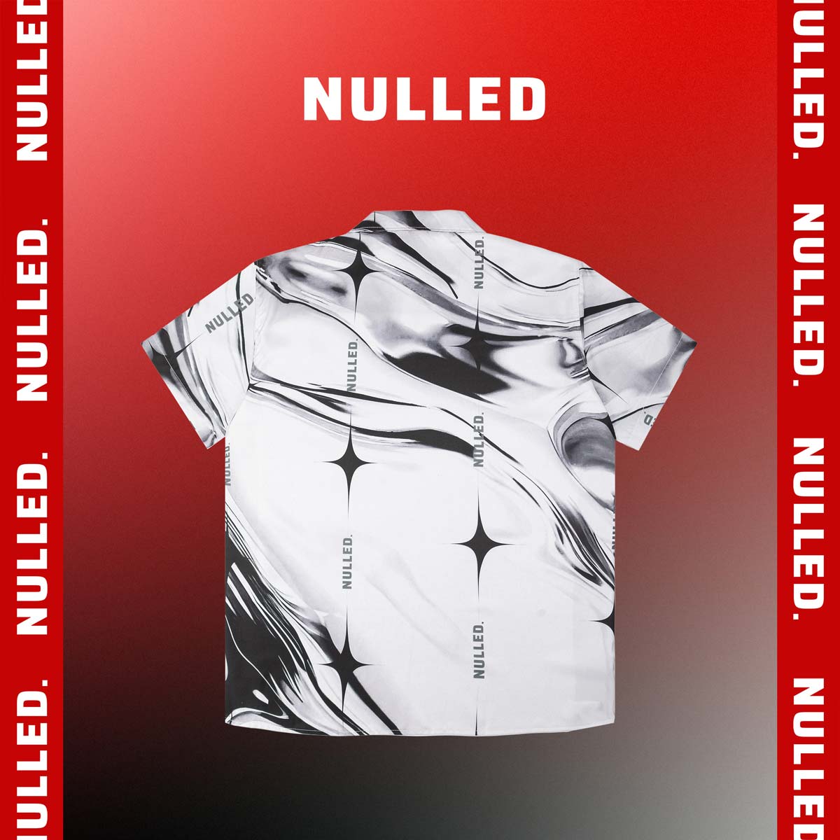 White t-shirt with black abstract pattern on a red background with 'NULLED' text.