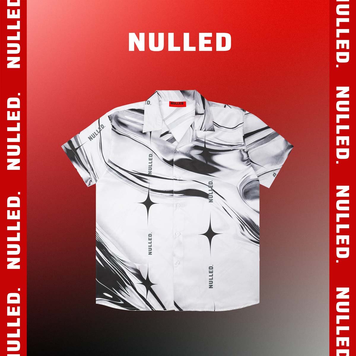White shirt with black abstract patterns on a red background with 'NULLED' branding.