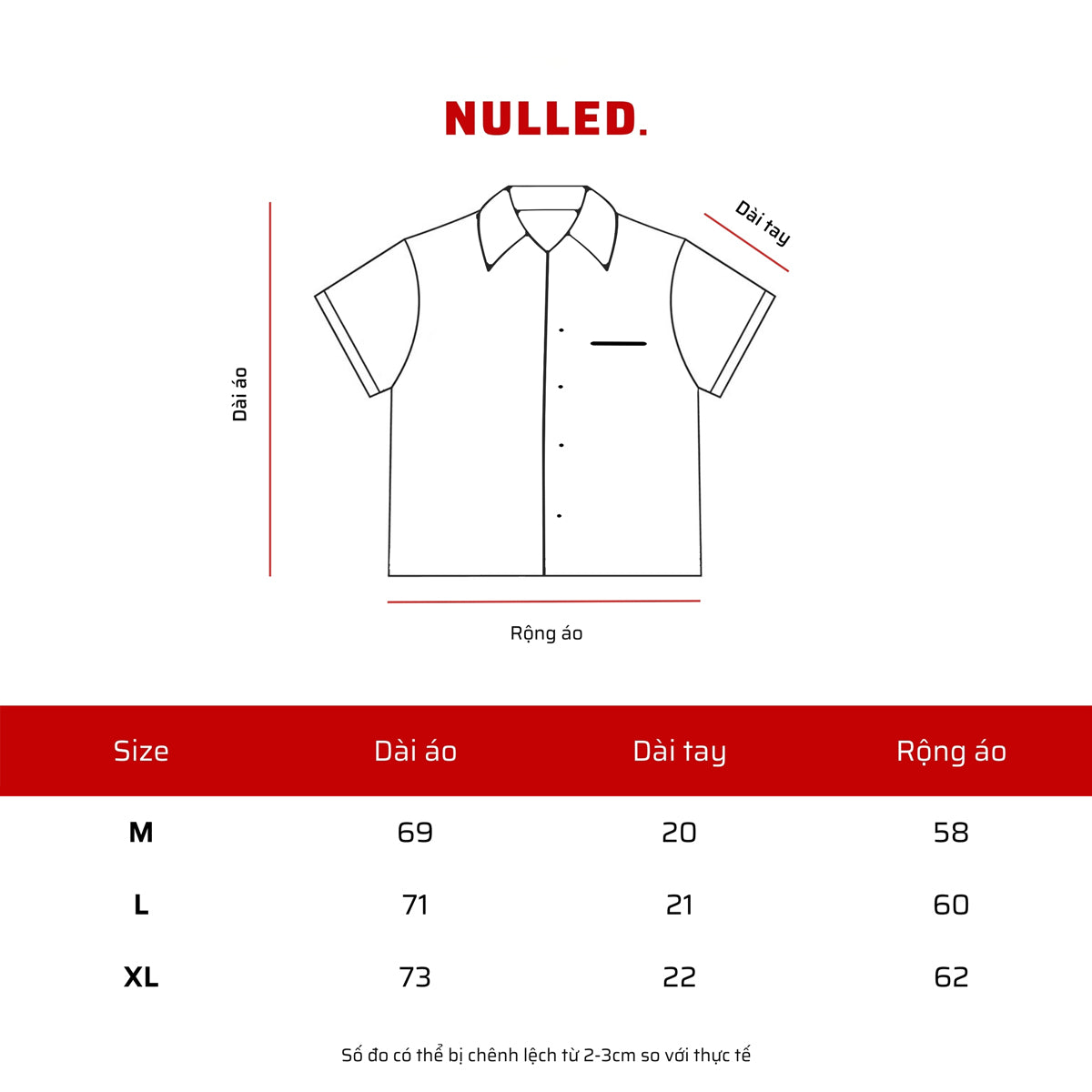 Measurement chart for a shirt with dimensions in centimeters, branded 'NULLED'.