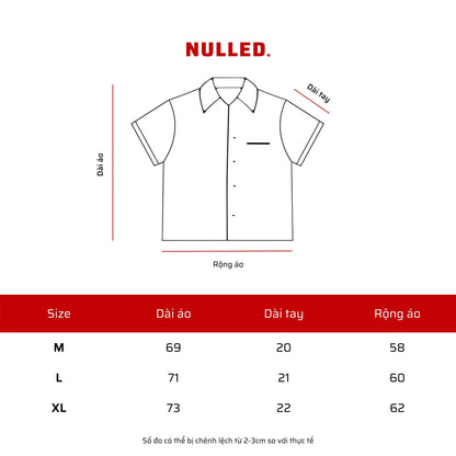 Measurement chart for a shirt with dimensions in centimeters, branded 'NULLED'.