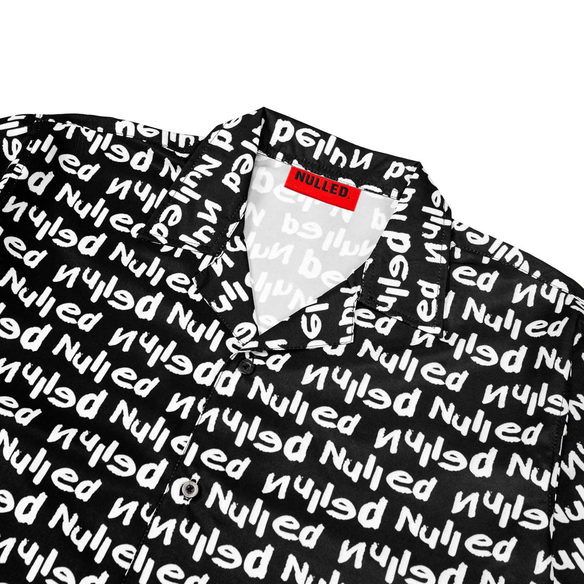 Black shirt with white text pattern and a red label on a white background