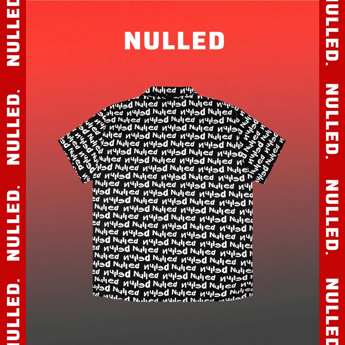 Black t-shirt with 'Nulled' text pattern on a red and gray gradient background with 'Nulled' branding.