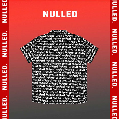Black t-shirt with 'Nulled' text pattern on a red and gray gradient background with 'Nulled' branding.