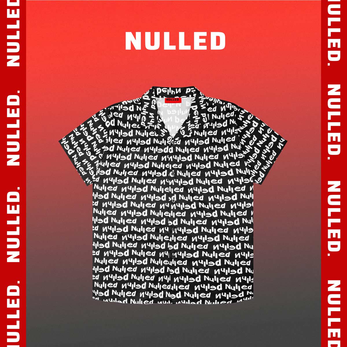 Black shirt with white text pattern on a red and gray background with 'Nulled' text.