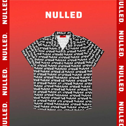 Black shirt with white text pattern on a red and gray background with 'Nulled' text.