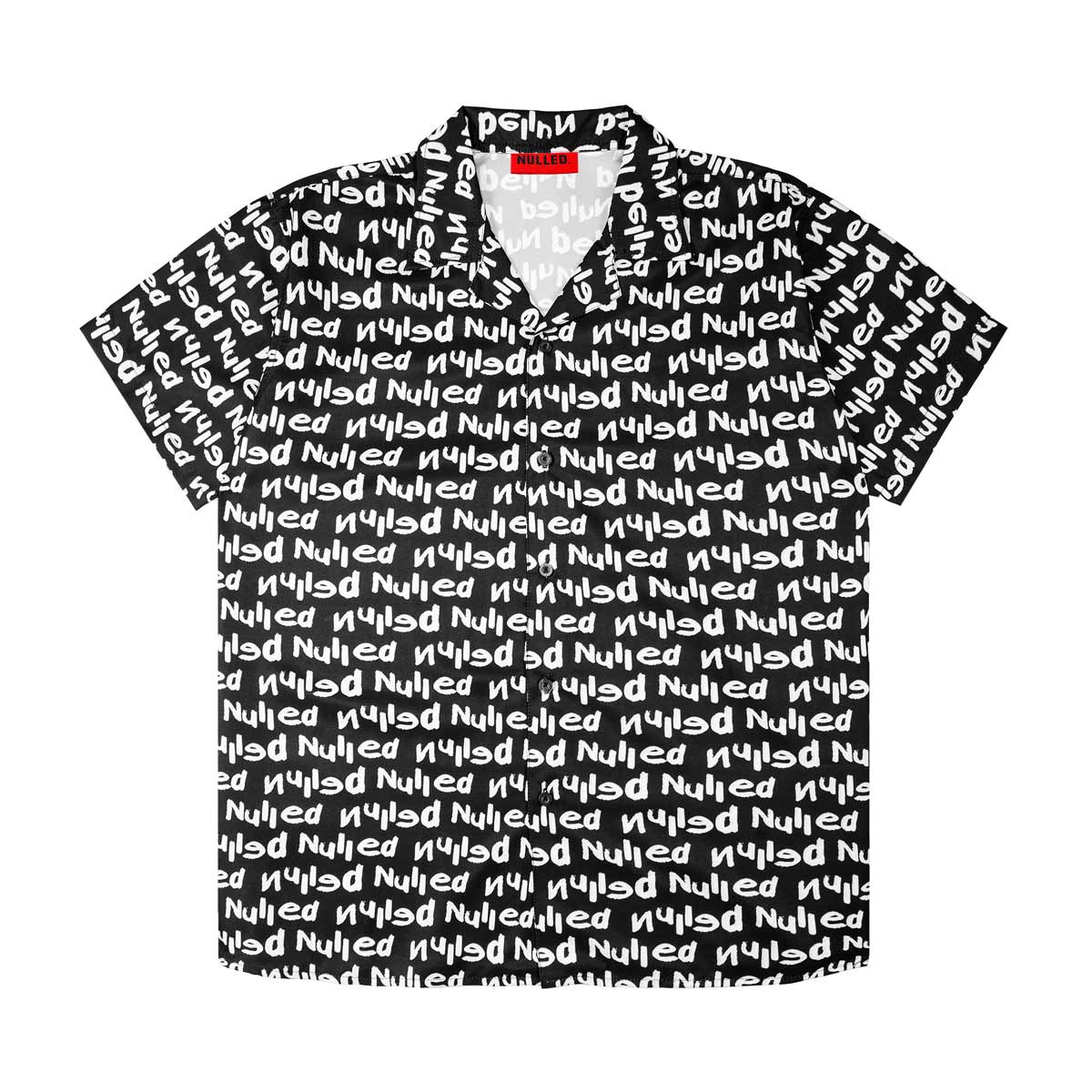 Black and white patterned shirt with 'Nuded' text on a white background