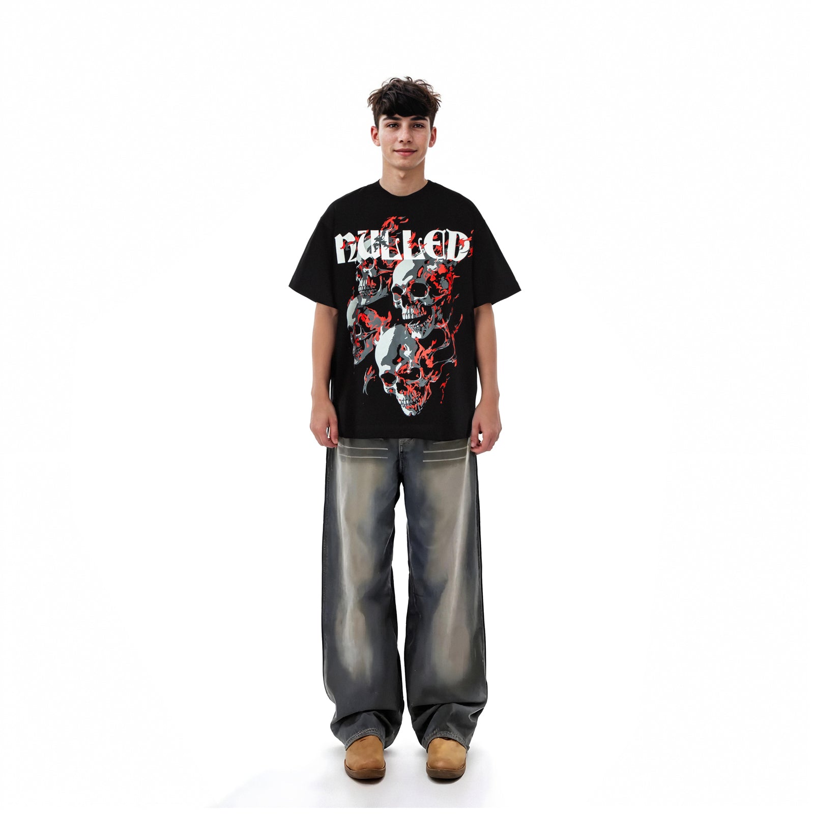 Person wearing a black graphic t-shirt with a design on a white background