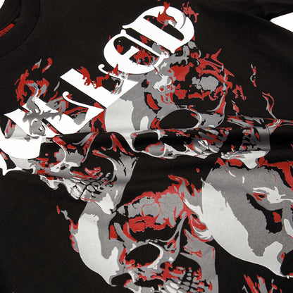 Black t-shirt with red, gray, and white graphic design on a black background