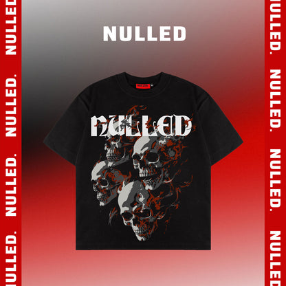 Black t-shirt with skull design and 'NULLED' text on a red and gray gradient background.