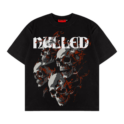 Black t-shirt with skull design and 'Dulled' text on a white background