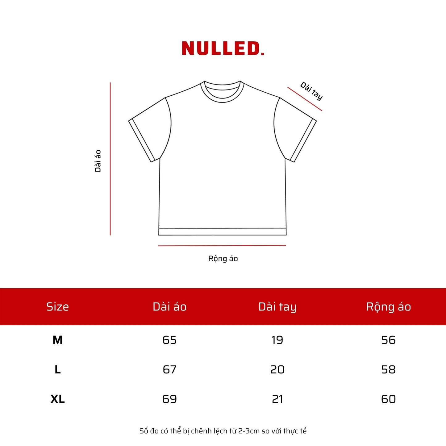 T-shirt size chart with dimensions in centimeters on a white background