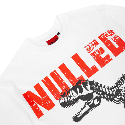 White t-shirt with red 'NULLED' text and black dinosaur skeleton design on a white background
