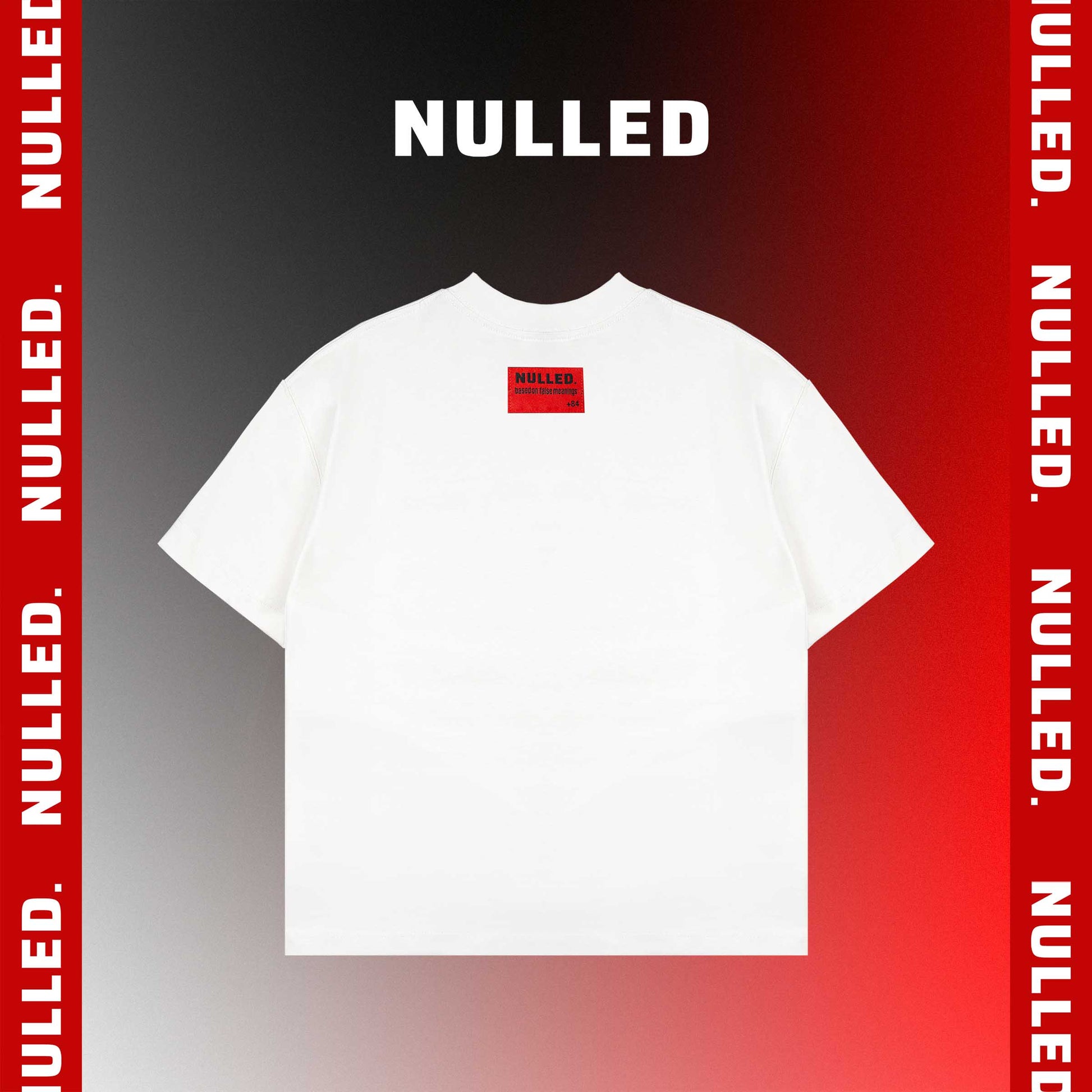 White t-shirt with a red logo on a gray background with 'NULLED' branding.