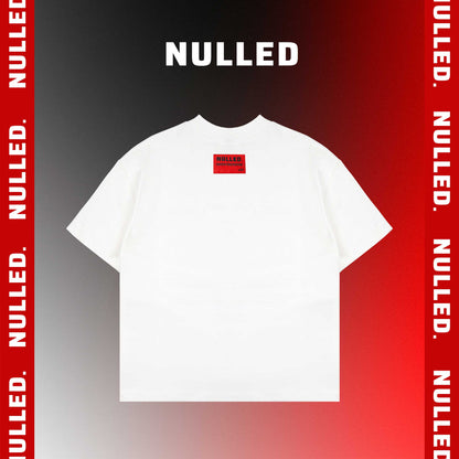 White t-shirt with a red logo on a gray background with 'NULLED' branding.