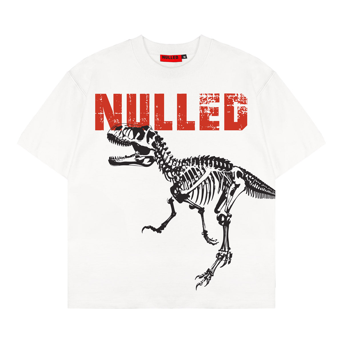 White t-shirt with a dinosaur skeleton graphic and 'NULLED' text on a white background