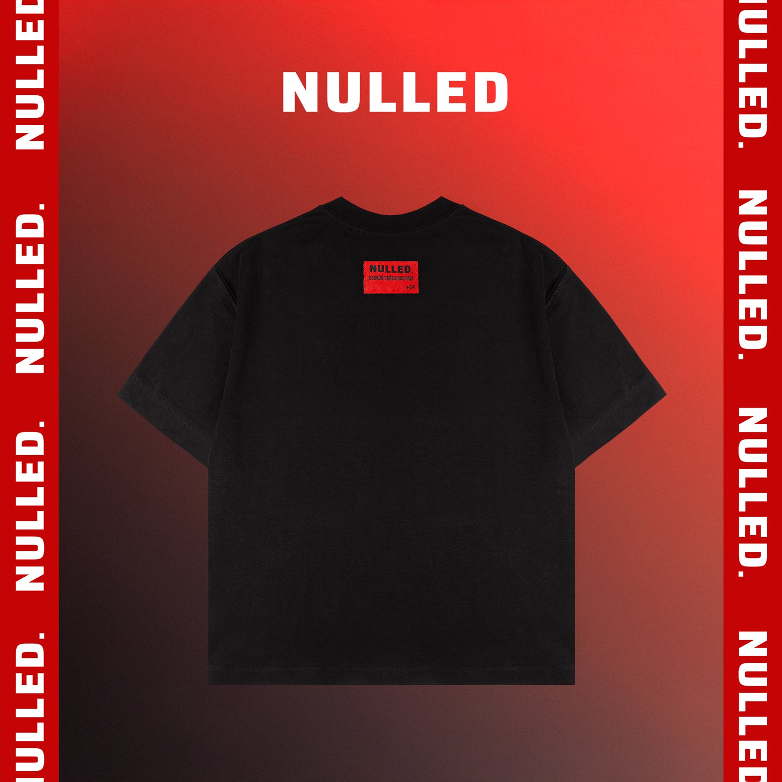 Black t-shirt with 'NULLED' logo on a red background