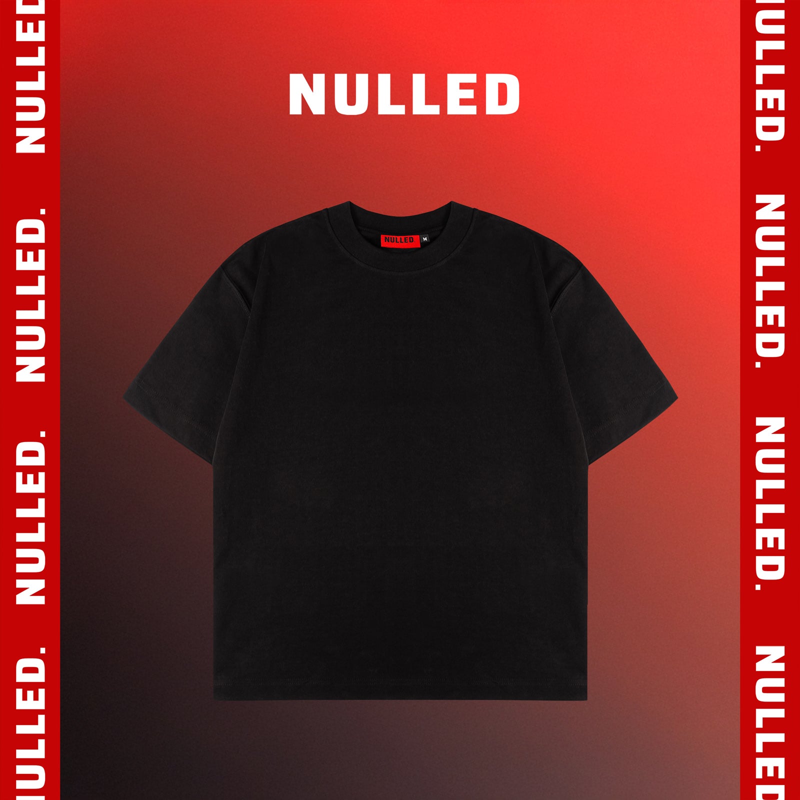 Black t-shirt with 'NULLED' branding on a red background