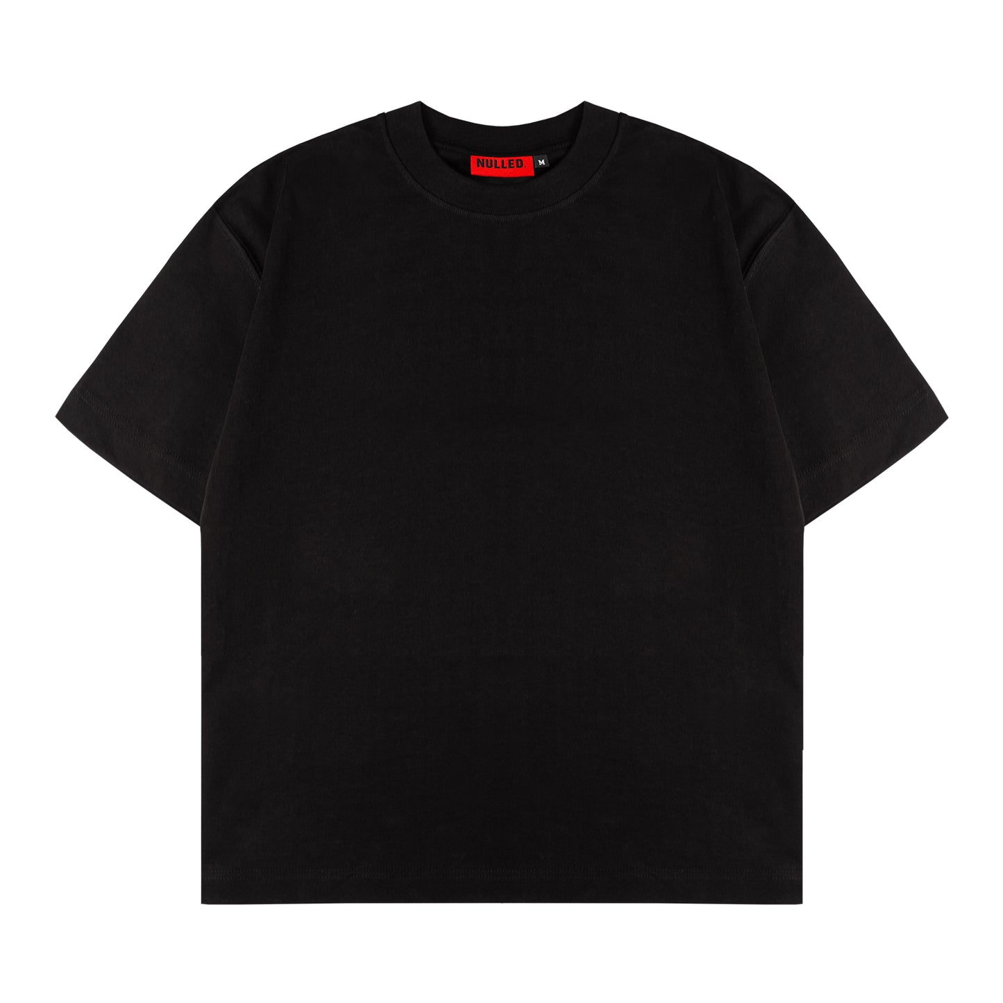 Black t-shirt with a red label on a white background