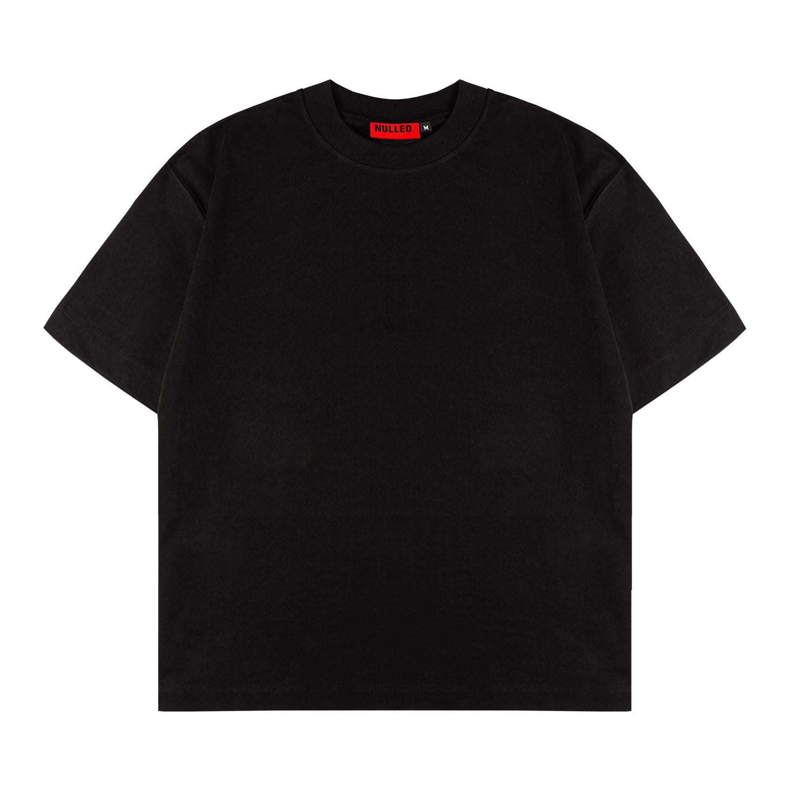 Black t-shirt with a red label on a white background