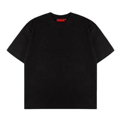 Black t-shirt with a red label on a white background