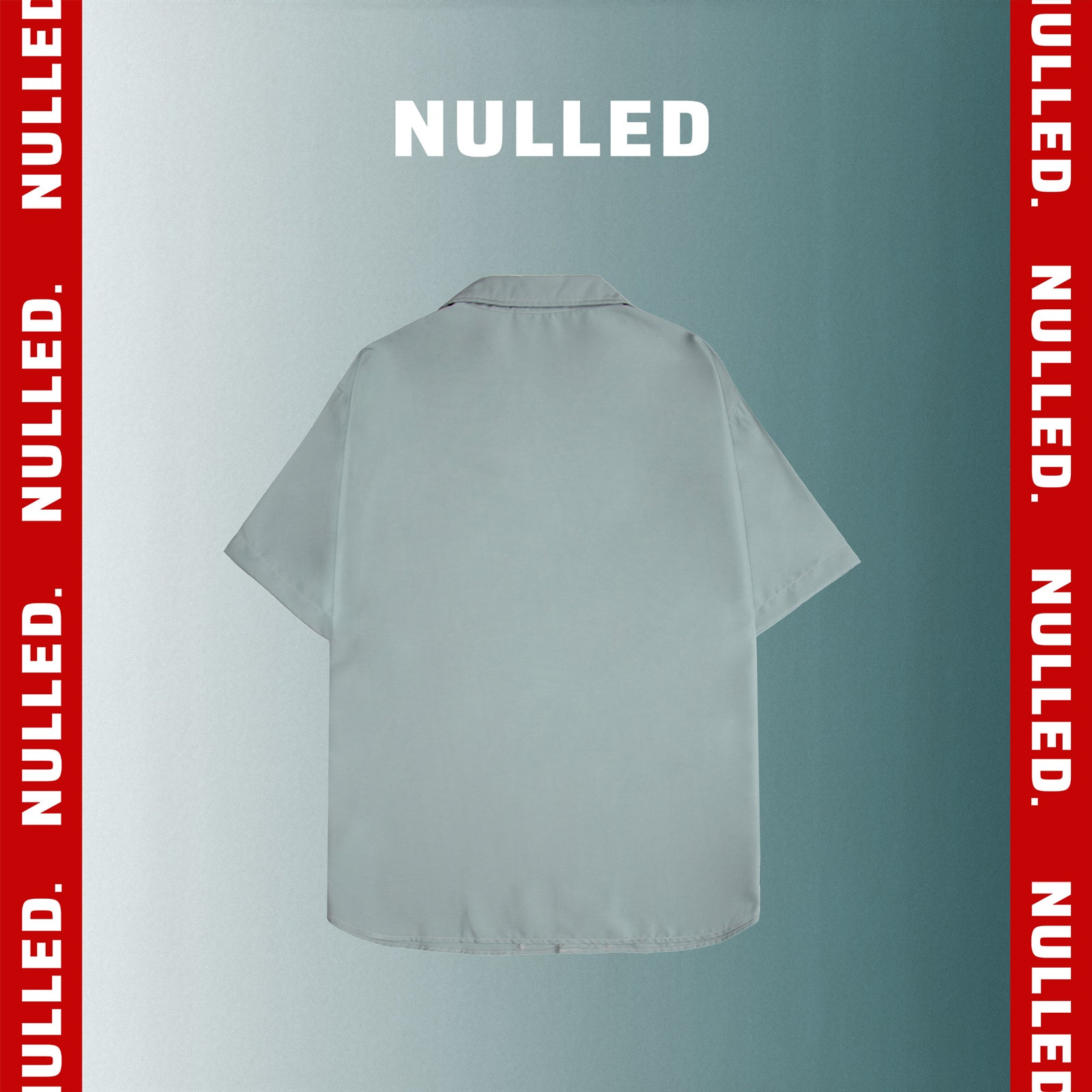 Gray shirt on a gray background with 'NULLED' text on red bars.
