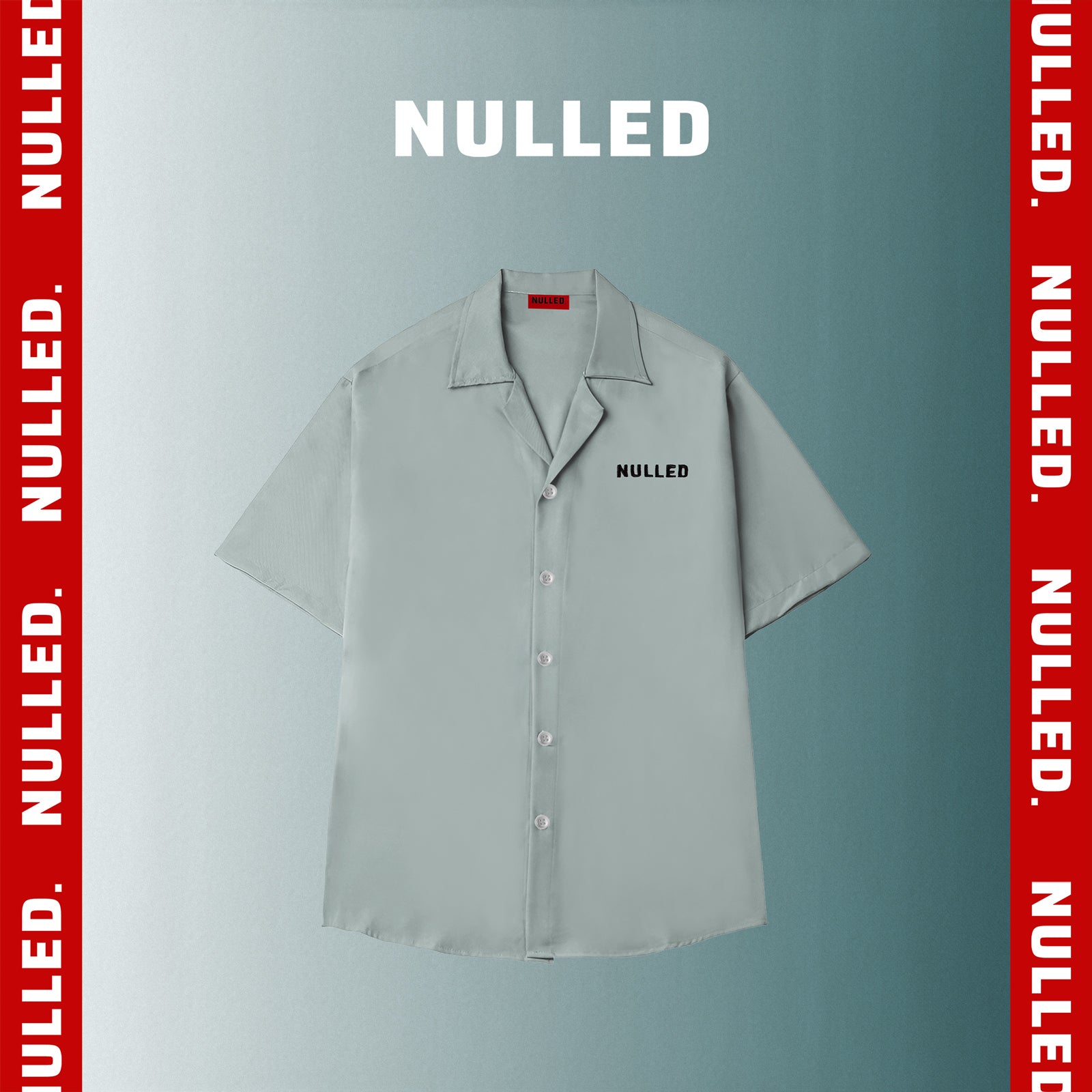 Gray shirt with 'NULLED' branding on a light gray background