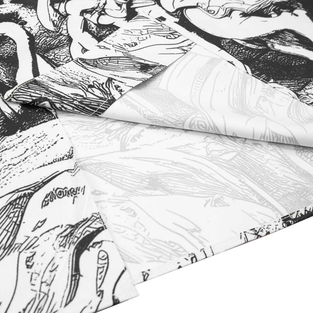 Black and white patterned fabric with abstract designs