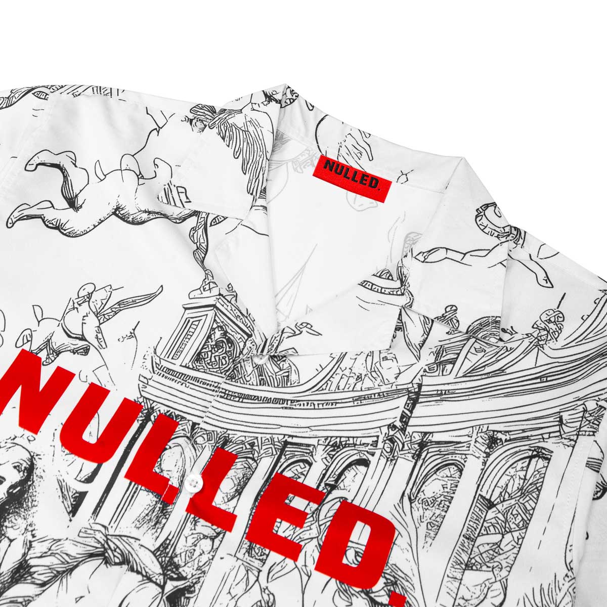 White shirt with black architectural design and red text 'NULLED' on a white background