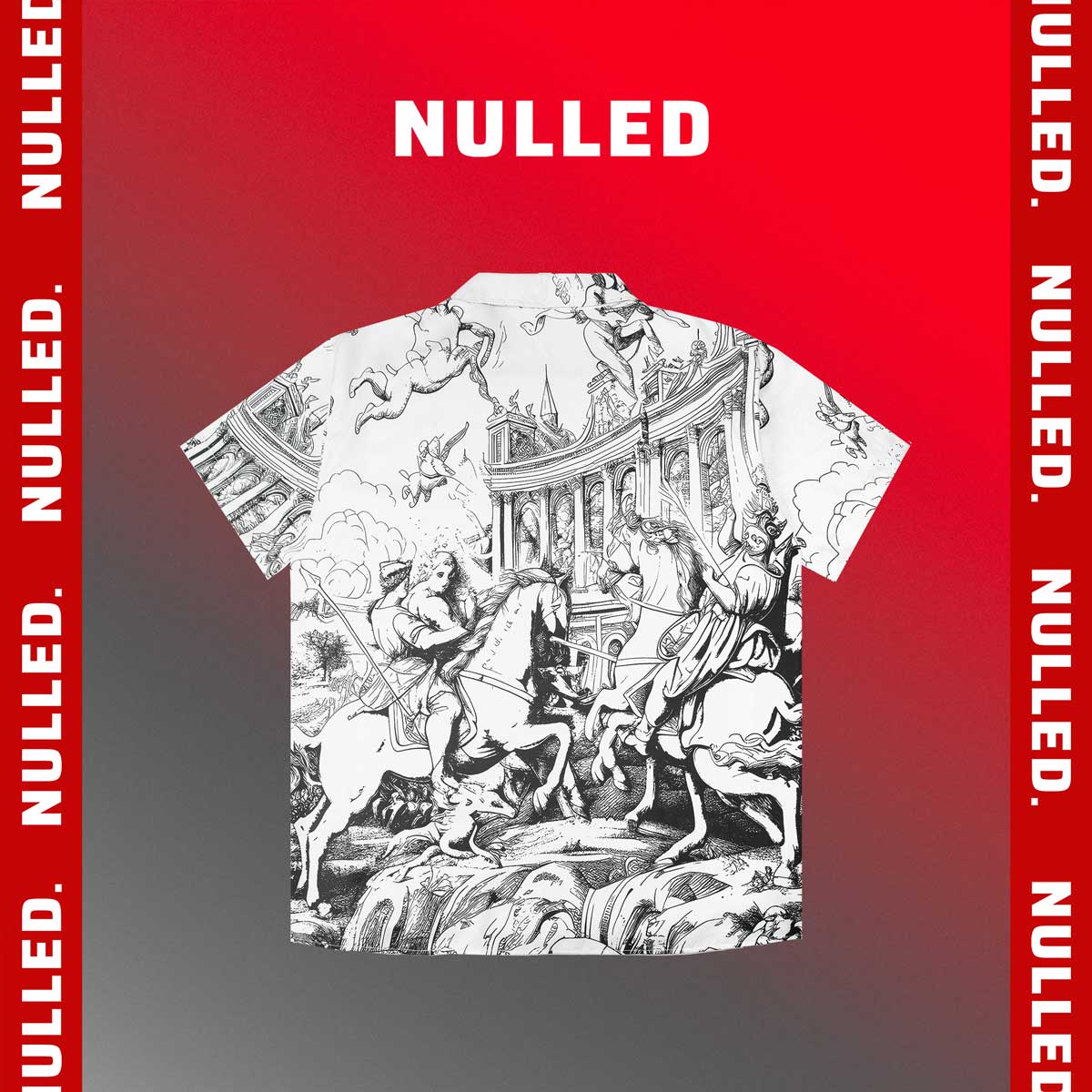 T-shirt with classical design on a red background with 'Nulled' text.