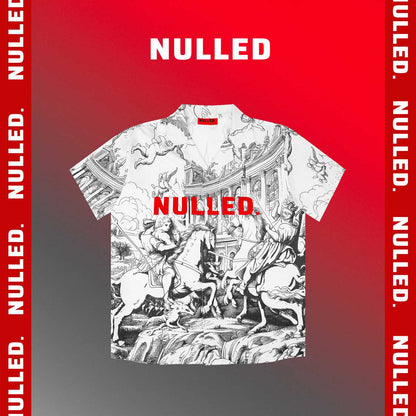 T-shirt with classical design and 'NULLED.' branding on a red and gray background