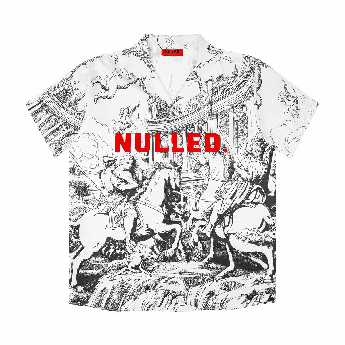 T-shirt with classical design and 'NULLED' text on a white background